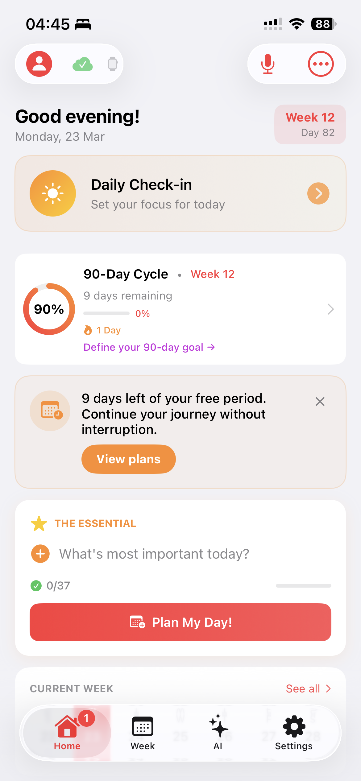 Tela inicial do Planner TDAH com ciclo de 90 dias