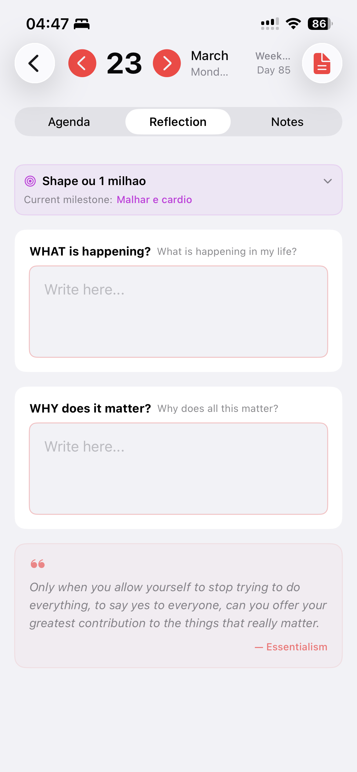 Tela de definicao de meta do ciclo